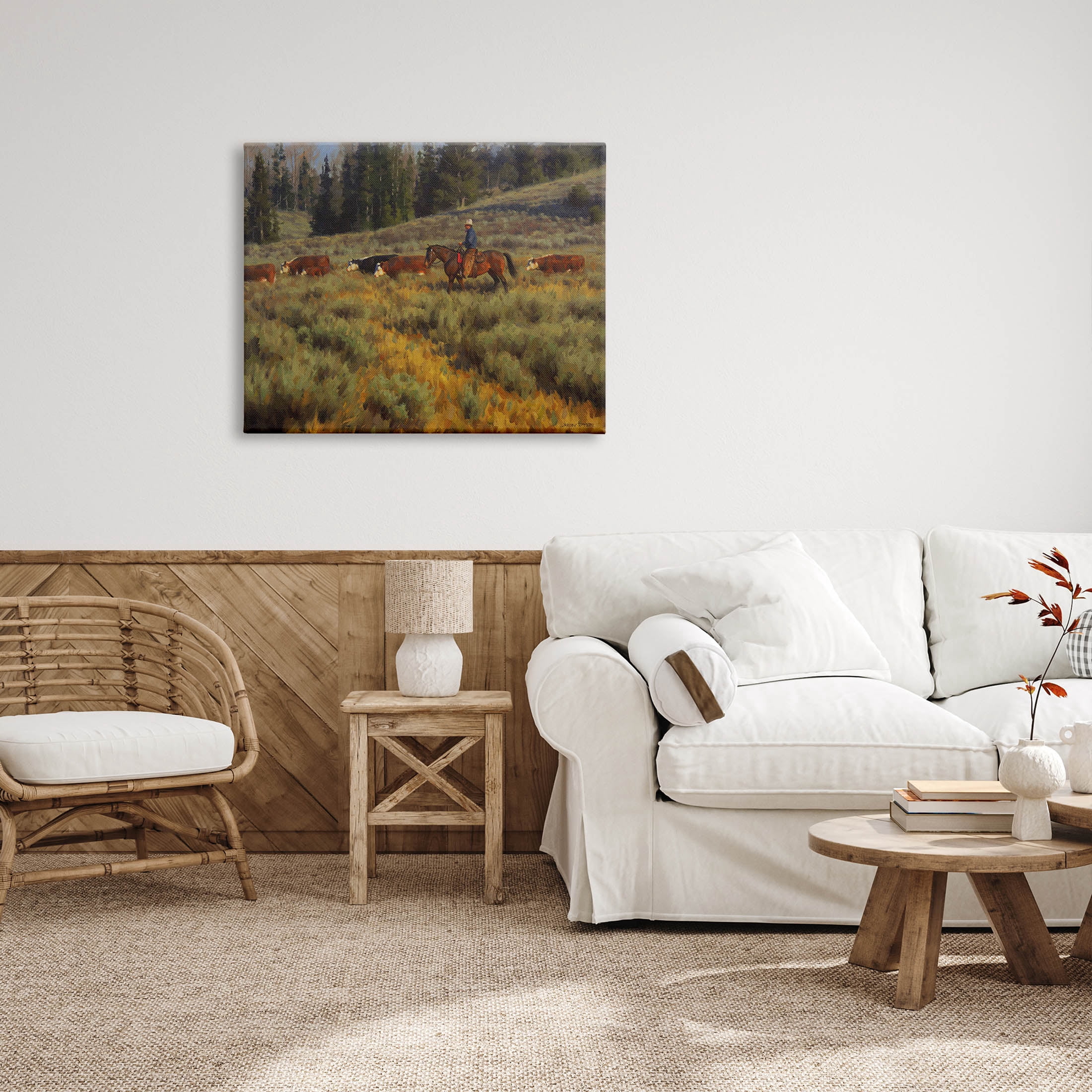 Cowboy Leading Cattle Meadow Animals & Insects Painting Gallery Wrapped Canvas Print Wall Art