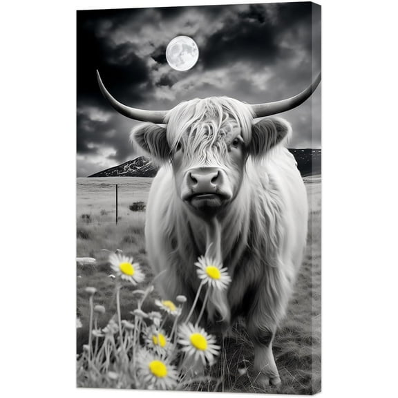 LZIMU Highland Cow Canvas Wall Art Black and White Cattle And Full Moon Pictures Farmhouse Animal Landscape Painting Prints for Home Decor Framed (12.00" x 18.00")