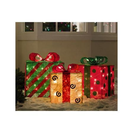Set of 3 Gold, Green and Red Sisal Gift Boxes Lighted Christmas Yard Art