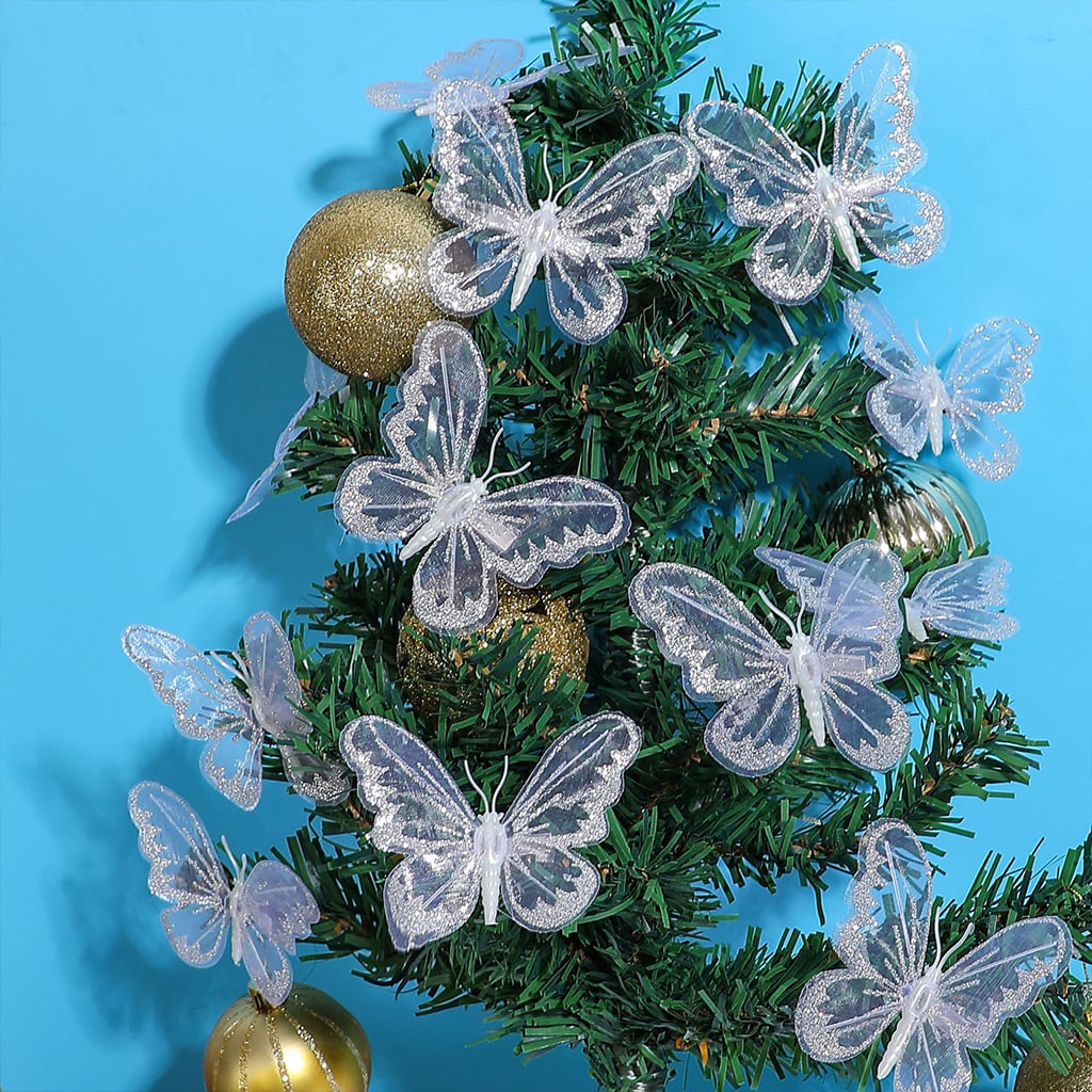 12 x Glitter Jewelled Clip-On Butterflies Decorative Weddings 8cm Gold
