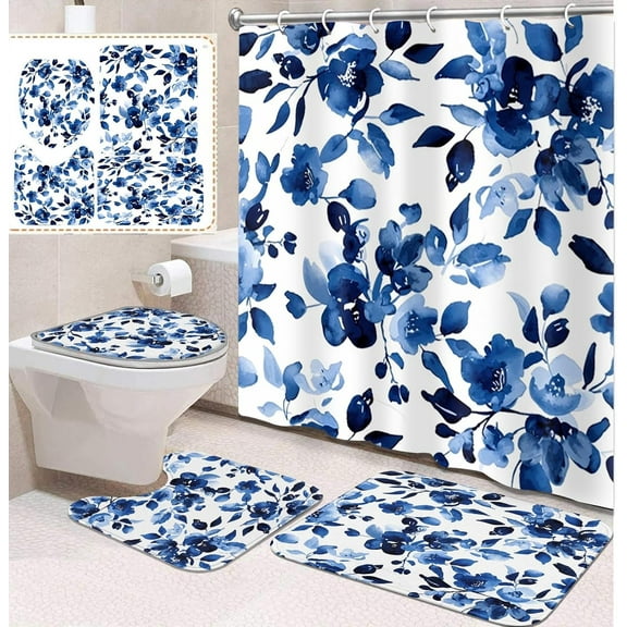 4 Pcs Bathroom Sets with Shower Curtain and Rugs, Red Black Flower Leaves Vintage, Bathroom Decor Summer Black Gold Spring Leaf Shower Curtain Sets for Bathroom Decor