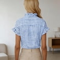 thumbnail image 4 of Graphic Tees for Women French Style Summer Plaid Short Sleeve Tennis Blouse with Ruffled Collar for Women Casual Tee for Everyday Wear Blue XL, 4 of 5