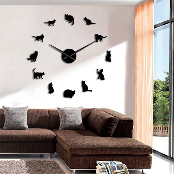 Frameless Cats Silhouette Wall Art Clock Watch Kittens 3D DIY Wall Clock Playful Cat Shape Big Needles Girl Room Kit Decoration(Black,27inch)