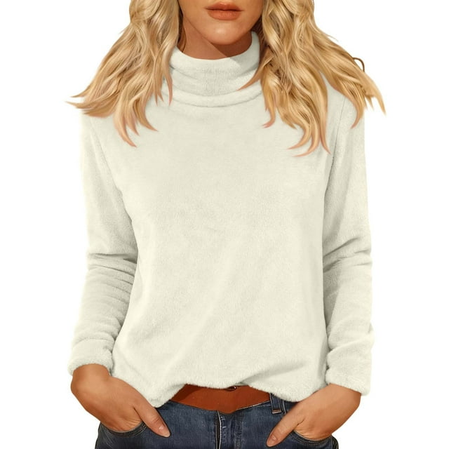 Comdrip Hauts pour Femmes Manches Longues Chemises pour Femmes Coupe Ample Col Roulé Haut Décontracté Automne Hauts Légers Chauds Chandails Hauts Col Roulé pour Femmes Beige 3TG