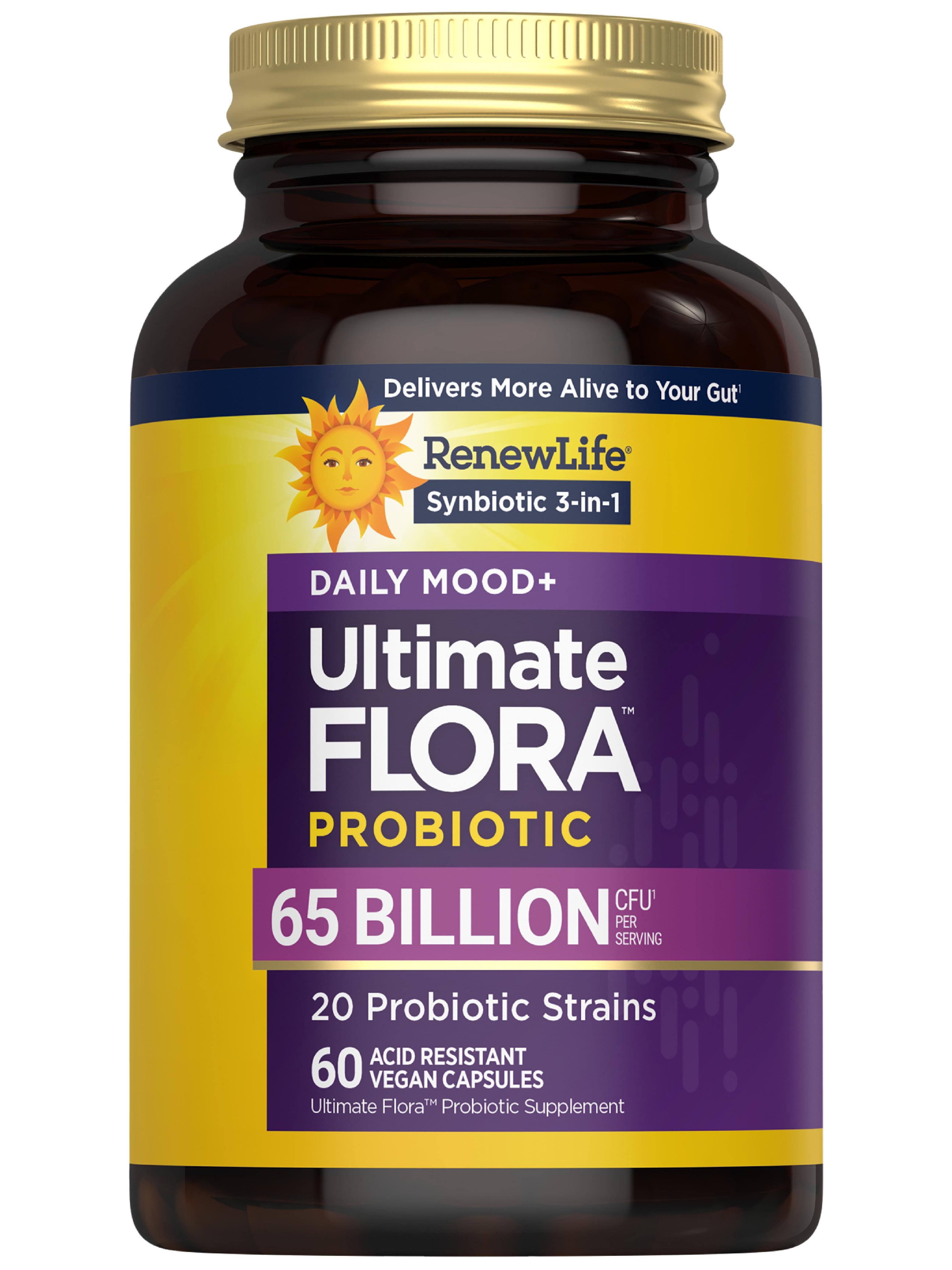 Ultimate Flora Probiotics Daily Mood Support | 65 Billion CFU | 60 Delayed Release Vegan Capsules with Ashwagandha | by Renew Life