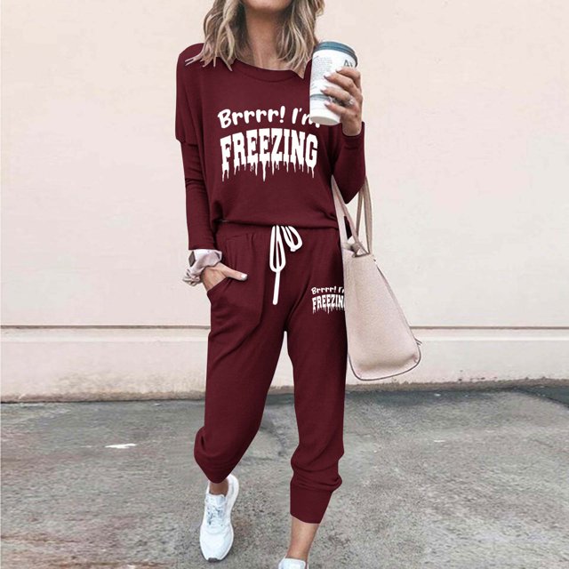Puntoco Conjuntos de pijamas cómodos para mujer, pantalones de manga larga con cuello redondo y estampado de letras de invierno, conjuntos de pijamas informales para el hogar