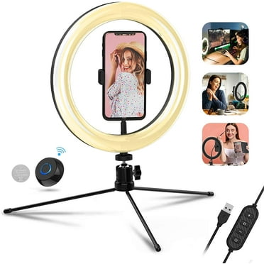 TECELKS 10" LED Ring Light with Tripod Stand, Phone Holder, Wireless Shutter, Dimmable Desktop Light