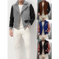 thumbnail image 3 of FOCUSNORM Men's Zip Up Patchwork Jacket Woolen Leather Long Sleeve Contrast Color Lapel Neck Casual Coat, 3 of 7