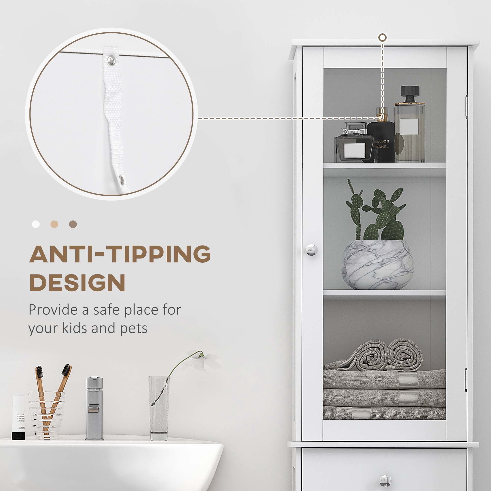 HOQBN Bathroom Storage Cabinet with 3-tier Shelf Drawer Door, Floor Cabinet Free Standing Tall Slim Side Organizer Shelves, White
