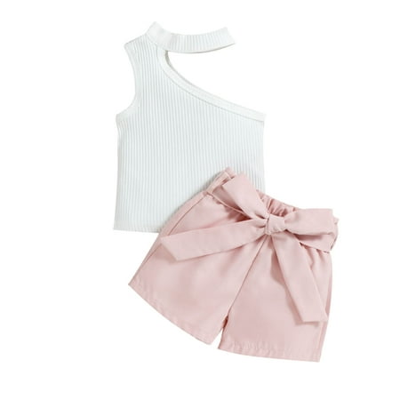 

Odeerbi Reduced Baby Girls Boys Clothes Baby Outfits Shirts Sets Toddler Fashion Cute Solid Color Sloping Shoulder Halterneck Top Belt Shorts Suit