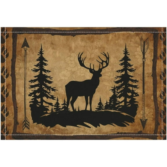 Vintage Lodge Placemat Set of 6, Rustic Farmhouse Retro Forest Wildlife Deer Silhouette Prints Table Mats for Home Dining Table Kitchen Party Decor 6PCS
