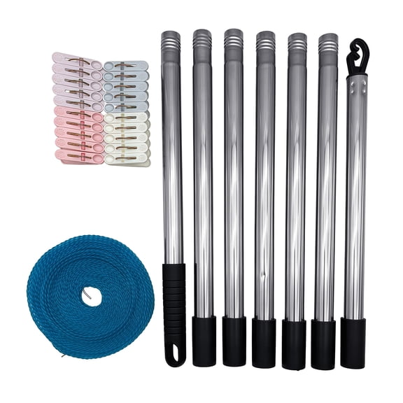 Complete Outdoor Clothesline Stand Rod Stainless Steel Adjustment Up to 1.8m Includes Rope and Clips 1Set