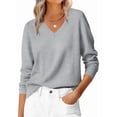 thumbnail image 2 of Female Long Sleeve V Neck Sweaters Fall Casual Classic Soft Loose Fit Basic Pullover Jumper Top Silver White XXL, 2 of 10