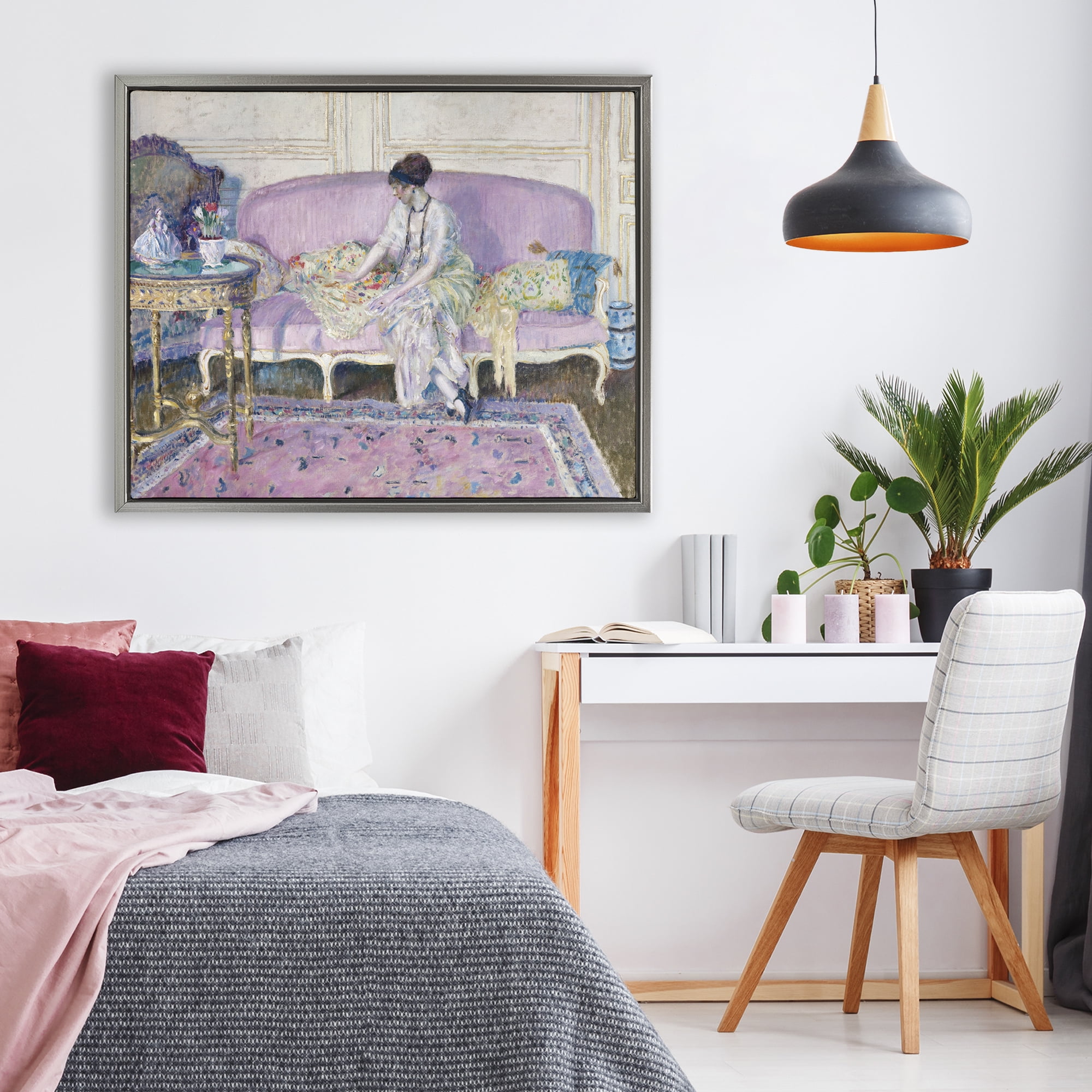 Woman Seated on Sofa Gray Framed Floater Canvas Wall Art, design by Wild Apple Portfolio
