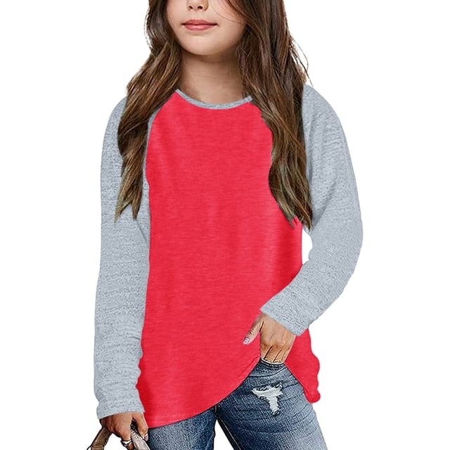 Girls Casual Long Sleeve Raglan Tops for Kids - Crewneck Tunic Tees with Color Block Design Soft Tops for Spring