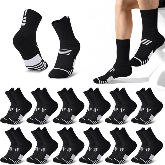 12PCS Calcetines Deportivos Hombre, Calcetines para Hombre, Compresión del Arco, Transpirables y Duradero de Mid Crew Calcetines Atléticos, para Deportes, Correr, Fitness, Senderismo, Talla Única