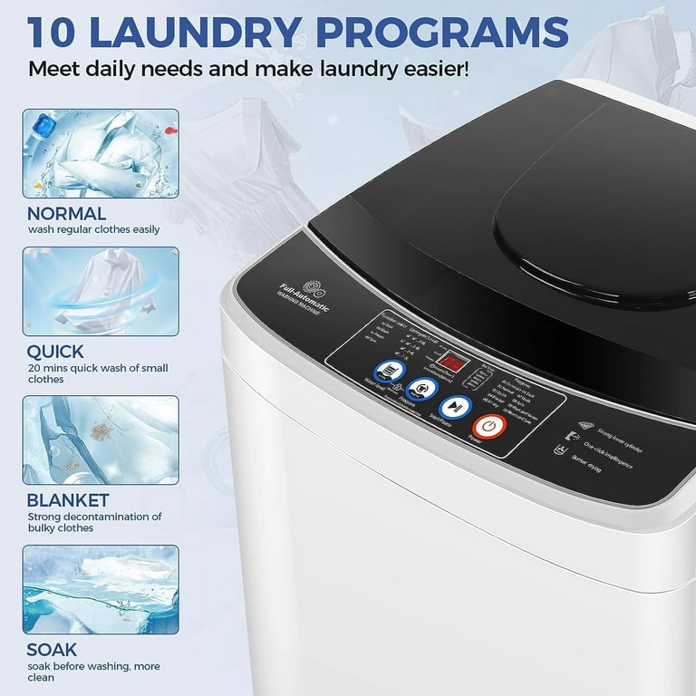 Portable Mini Washing Machine w 10 Wash Programs, Built-In Rollers