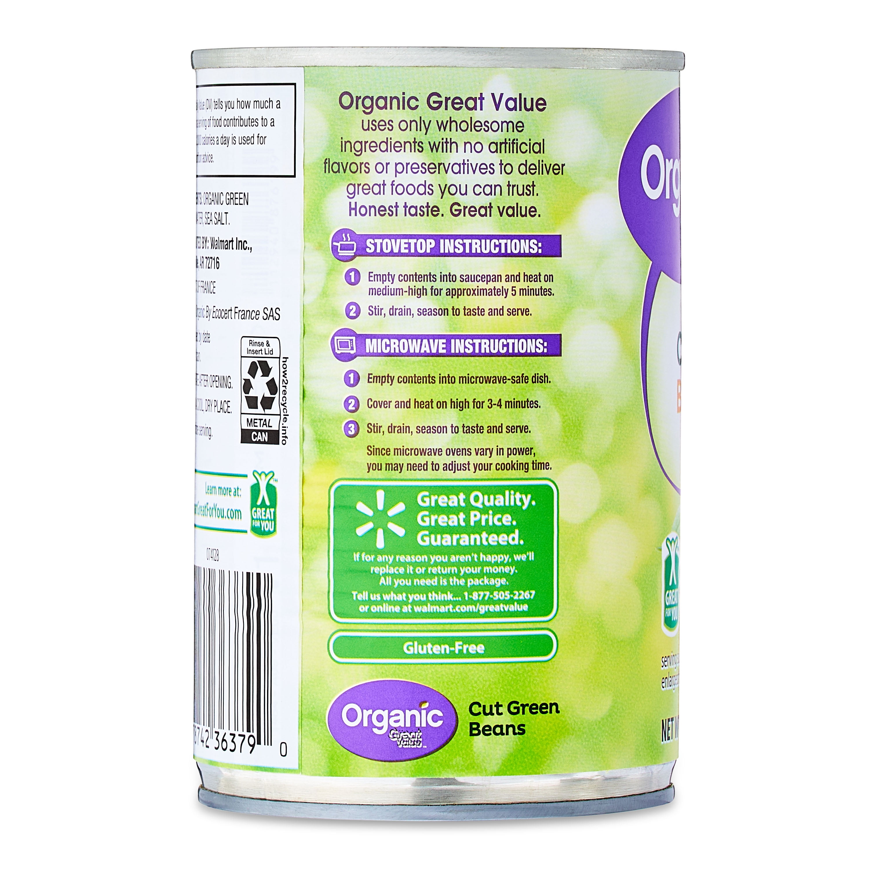 Great Value Organic Cut Green Beans, 14.1 oz Can Gluten-Free
