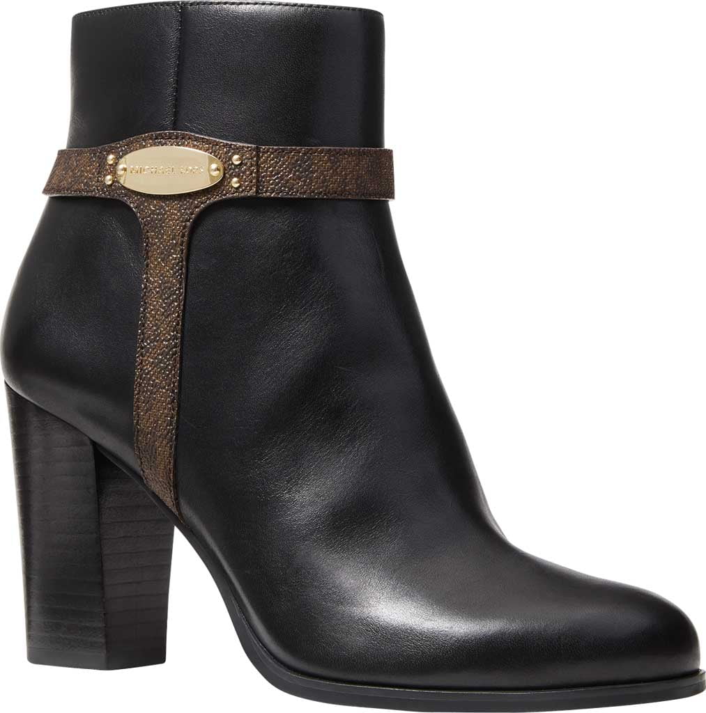 Women's MICHAEL Michael Kors Finley Ankle Bootie Black/Brown Signature Semi  Lux/Vachetta Leather  M 