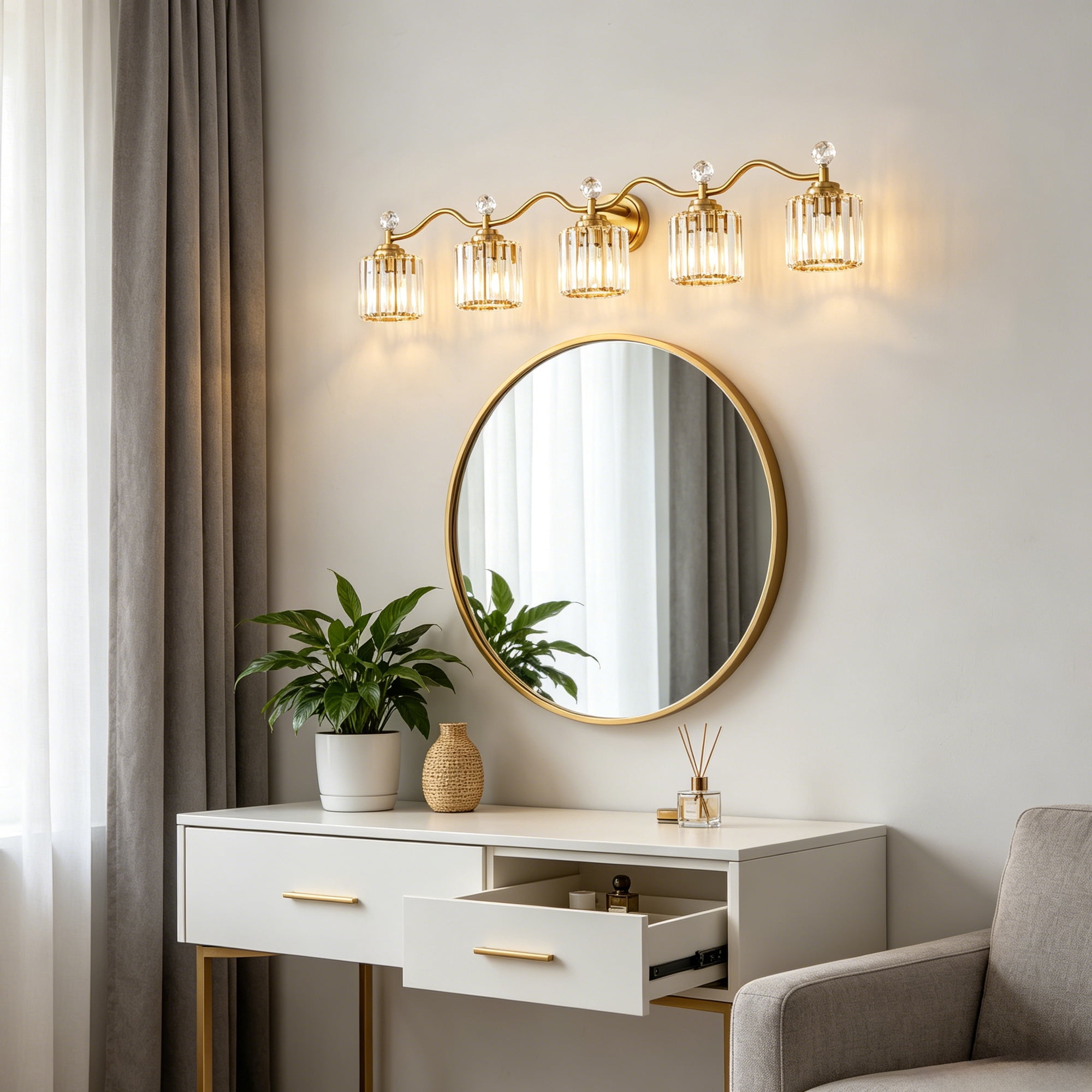 Deyidn 44.5" Modern 5-Light Gold Bathroom Vanity Light - Dimmable Bathroom Transitional Fixture with Crystal Glass Shades
