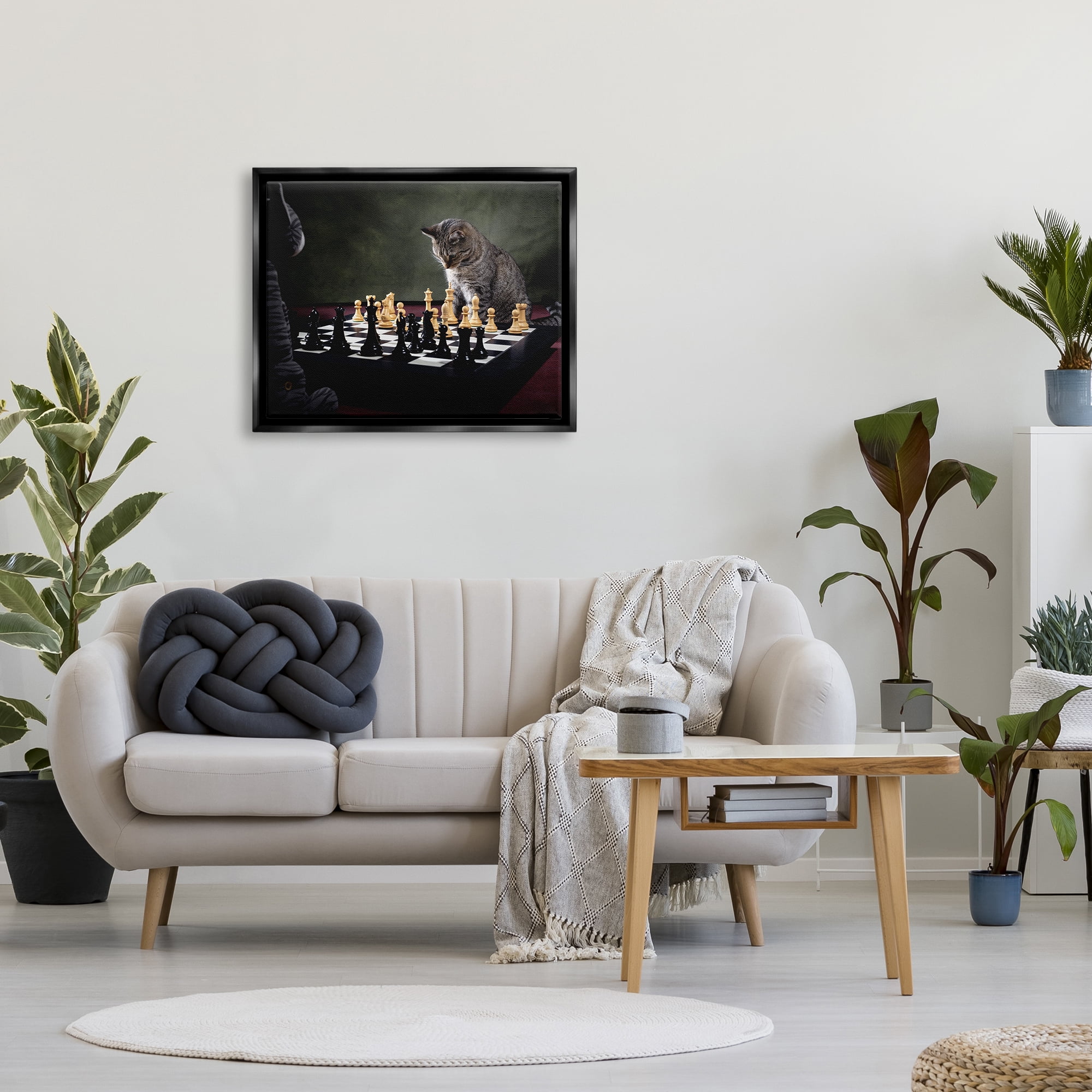 Stupell Industries Cats Playing Chess Animals & Insects Photography Black Floater Framed Canvas Art Print Wall Art, 31 x 25