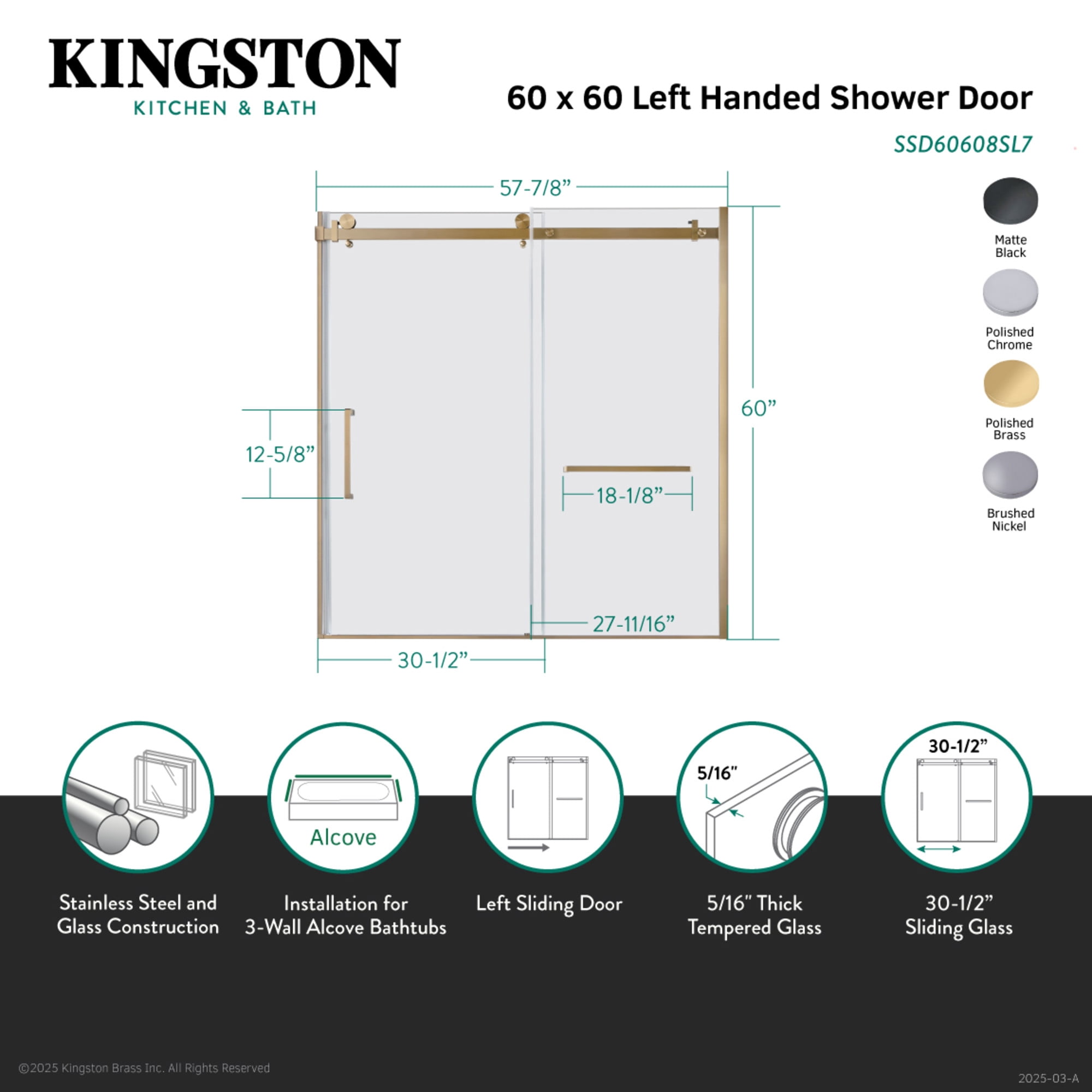Kingston SSD60608SL8 Toledo 60" W x 60" H Left Handed Tub Door in Brushed Nickel