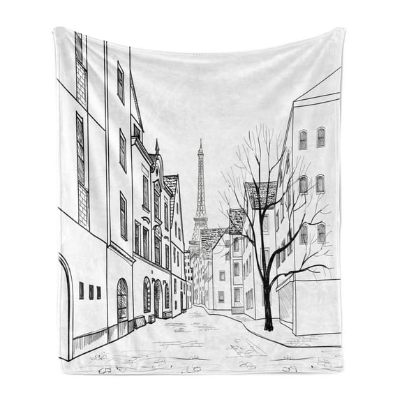 Cityscape Soft Flannel Fleece Blanket, Paris Street with Houses Buildings and Tree on Alleyway Eiffel Tower Background, Cozy Plush for Indoor and Outdoor Use, 50" x 70", Black White, by Ambesonne
