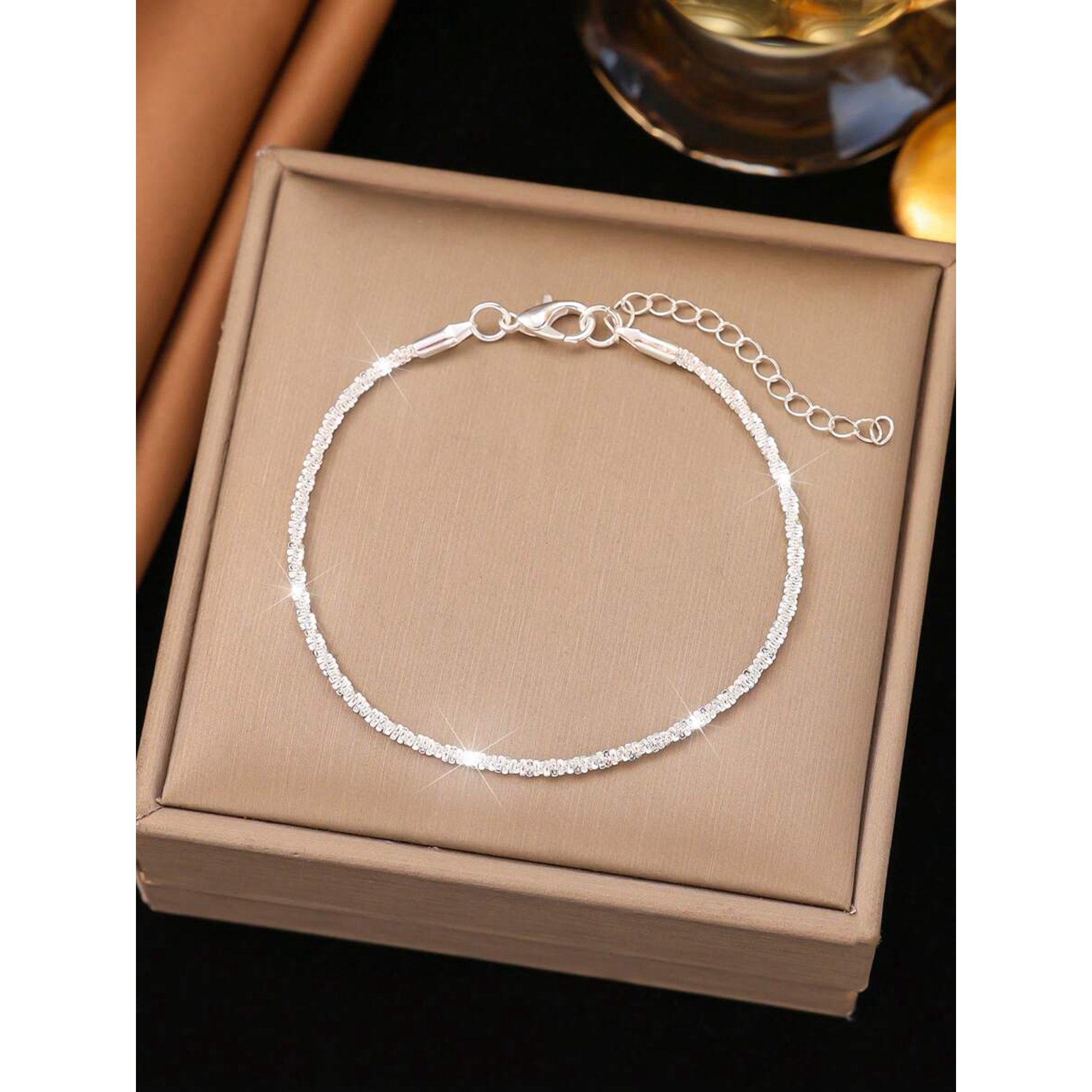 Silver Shimmering Crystal-Embellished Anklet With Lobster Claw Clasp