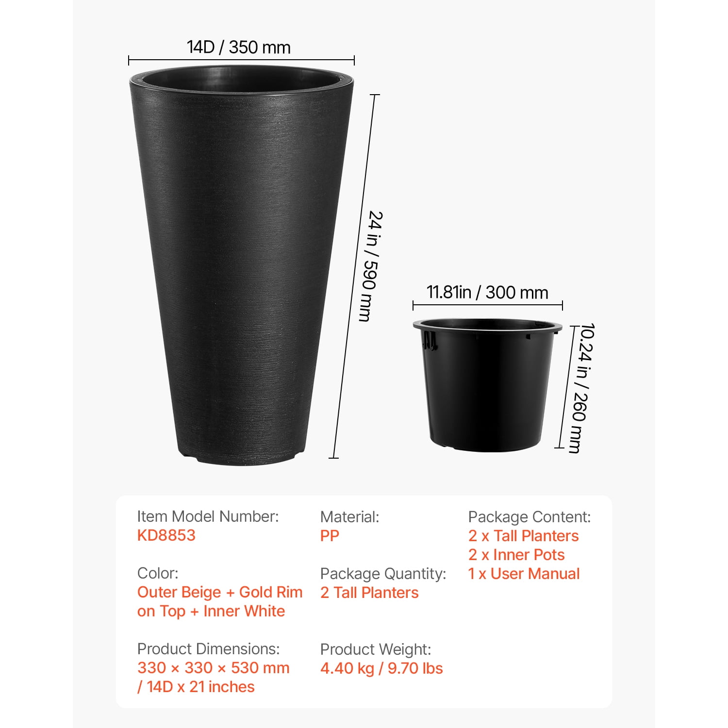 KFFKFF Duo Pack of 24inch Planters for Indoor and Outdoor Use, Black Circular Spacious Plant Containers for Patio or Front Porch, Tall Slender Flower or Tree Pots with Contemporary Styling