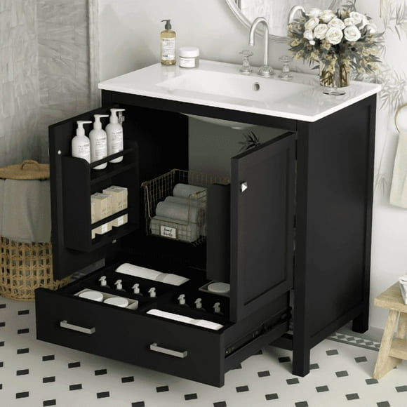 30 inch Sumdeal black Bathroom Vanity with Single Sink, Soft-Closing Doors and Drawer, Combo Storage Cabinet with Undermount Ceramic Basin, Solid Wood Frame for Bathroom Organization