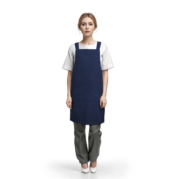 TOPTIE Japanese Style Cotton Linen Cross Back Apron with Pockets for Kitchen Cooking Garden Craft Art Painting-NavyBlue