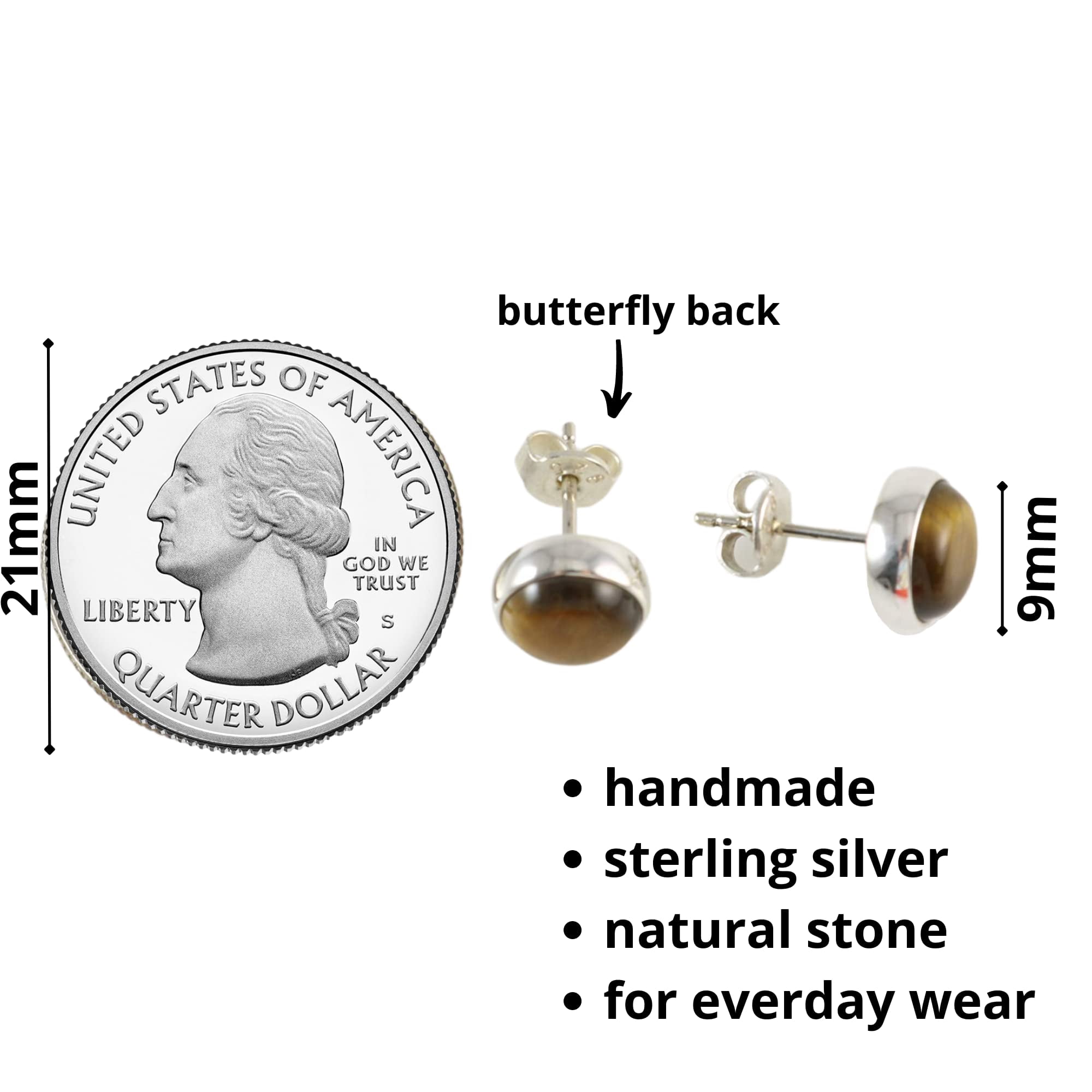 Echmeck Sterling Silver 925 Round Natural Brown Tiger Eye 9mm Handmade Stud Earrings for Women and Men