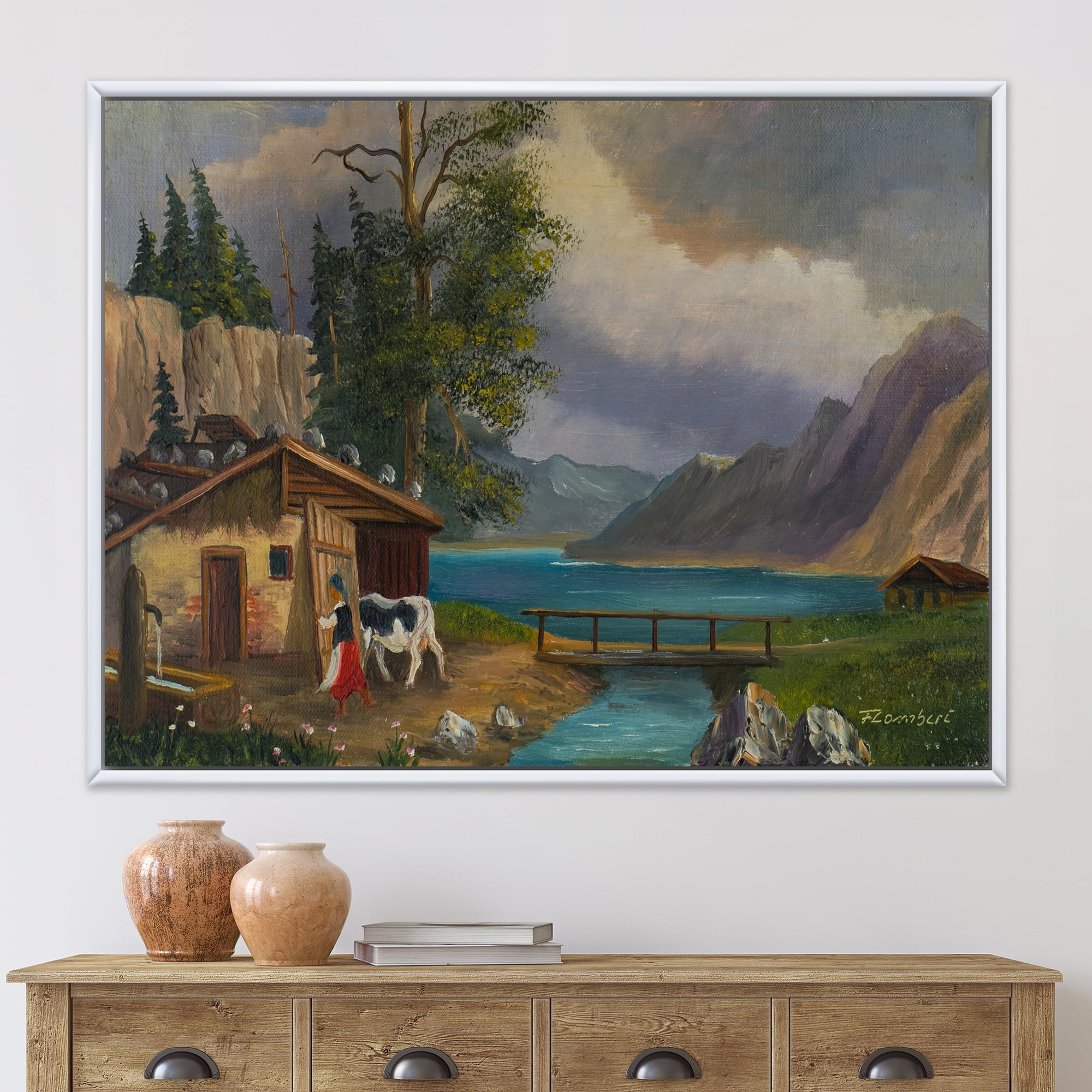 Designart 'Girl Brings The Cow Into The Stable At A Lake' Farmhouse Framed Canvas Wall Art Print
