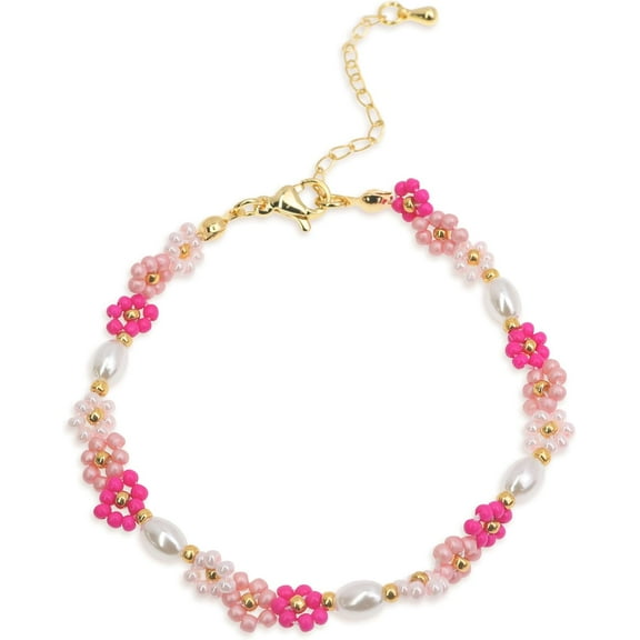 Colorful Daisy Flower Beaded Bracelets for Women, Cute Handmade Floral Gold Plated Beads Adjustable Bracelet Spring Boho Jewelry Gift