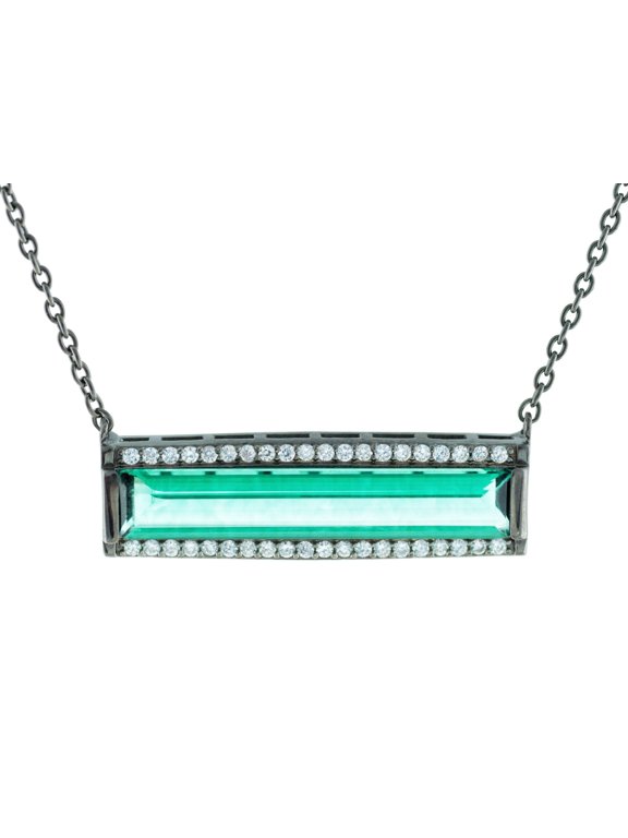 Gunmetal Sterling Silver Brilliant Cubic Zirconia Green Flash Bar Necklace