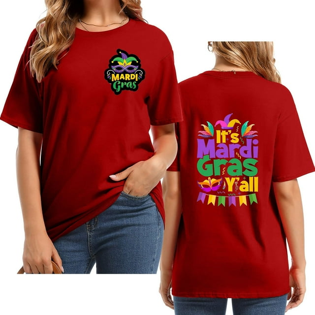 Outfmvch T-Shirts Mardi Gras pour Femmes, T-Shirts Graphiques, T-Shirts de Carnaval, Vêtements Mardi Gras, T-Shirt à Manches Courtes Col Rond Imprimé Lettre Rouge m