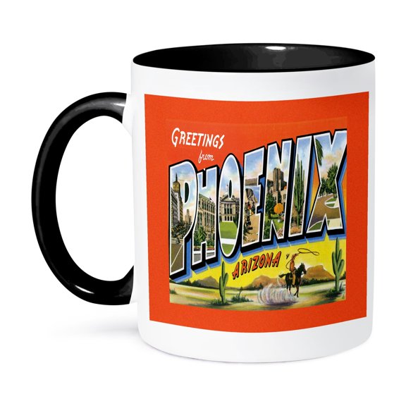3dRose, Greetings From Phoenix Arizona with Cowboy on a Horse with a Lasso and Scenes of the City, 11oz Two-Tone Black Mug