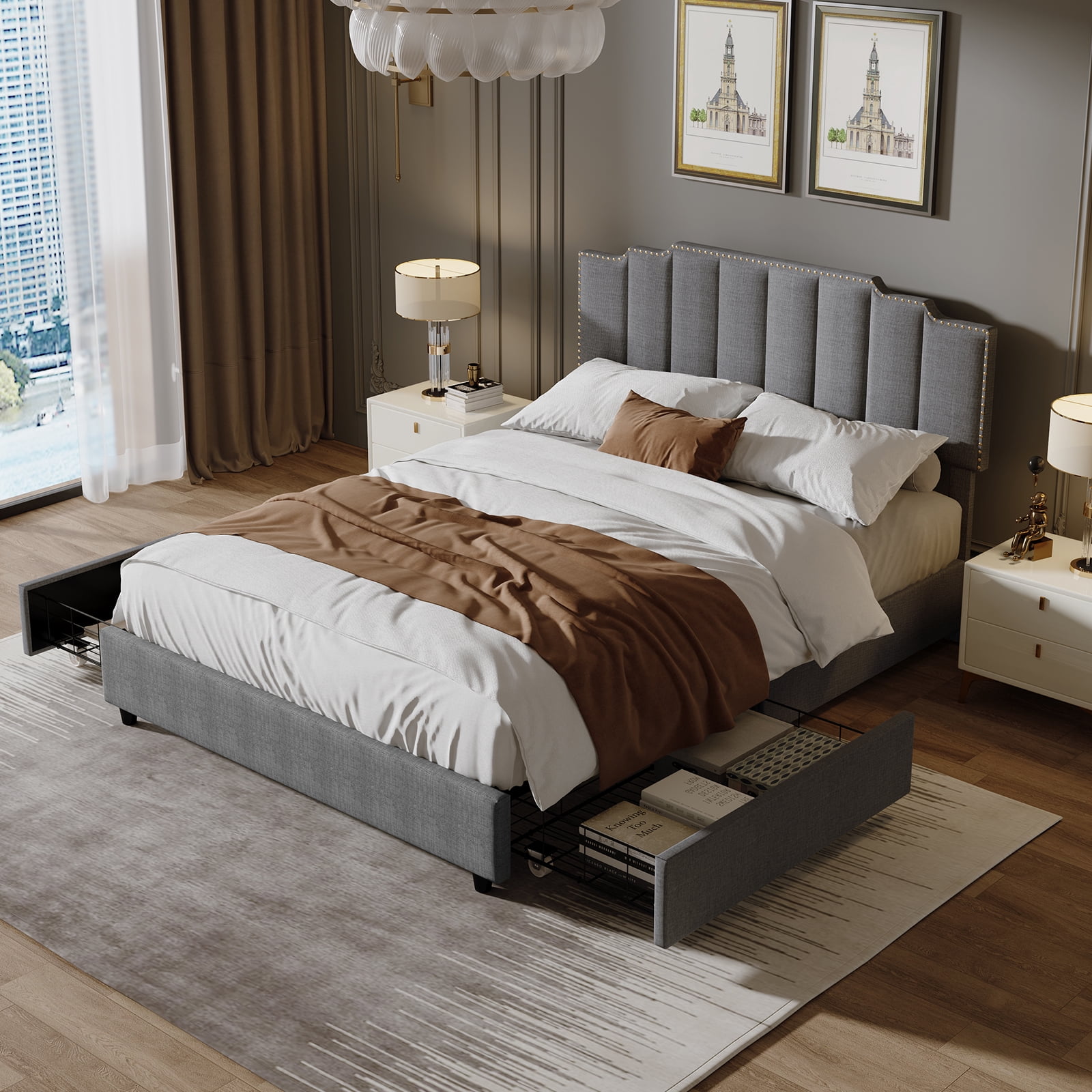 Euroco Upholstered Platform Bed with Soft Headboard, Queen Size, Gray