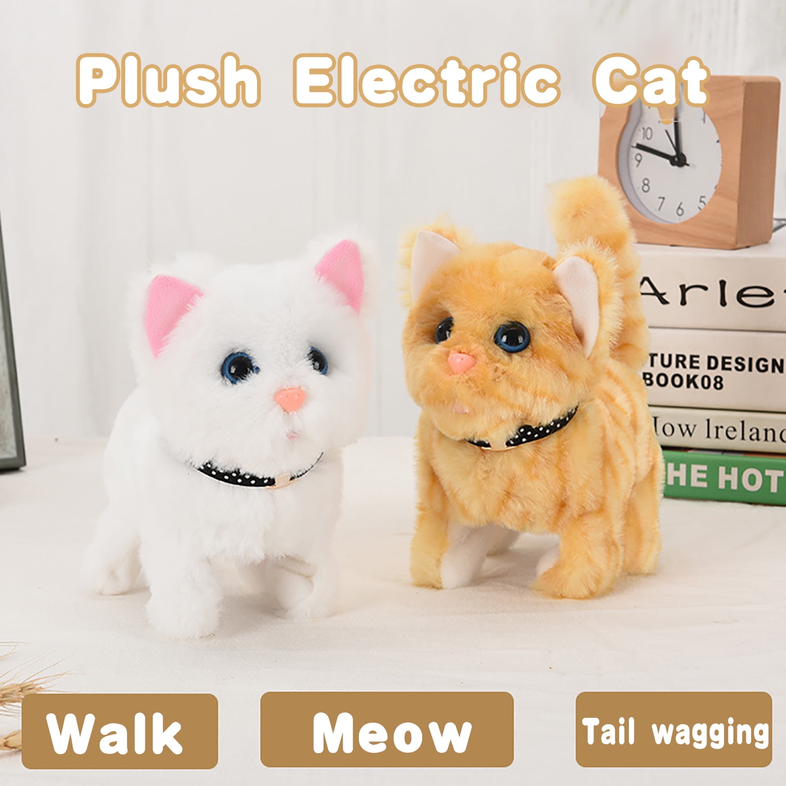 Cat Meow Wagging Electronic Toys Plush Cat Toys Stuffed Toy Xmas Gift Brown 