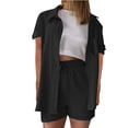 thumbnail image 2 of YHAJDS Womens Casual Outfit 2 Piece Set Short Sleeve Collar Top High Waist Drawstring Shorts Suit, 2 of 4