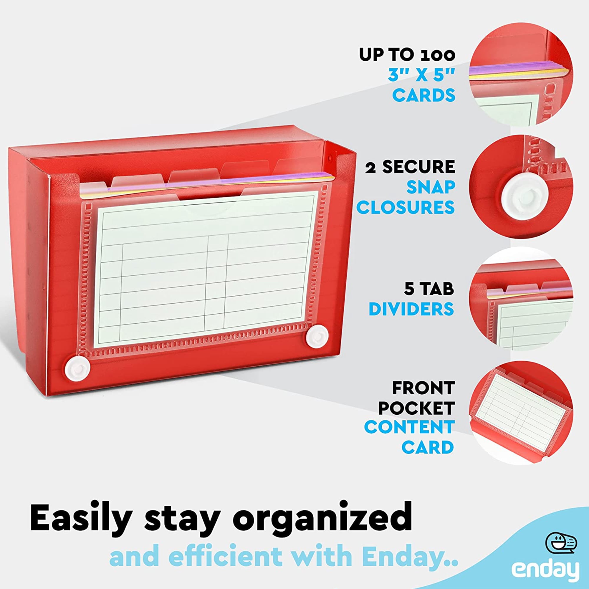 Enday Index Card Holder 3x5 Inch File Organizer for Focus Notes & Flash Cards, Red 4 Pack