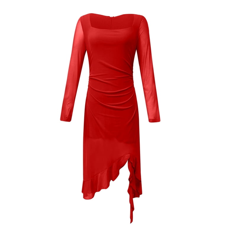 knee length dresses for ladies Mint Mesh Square Neck Sleeveless Ruched Slit Dress Small