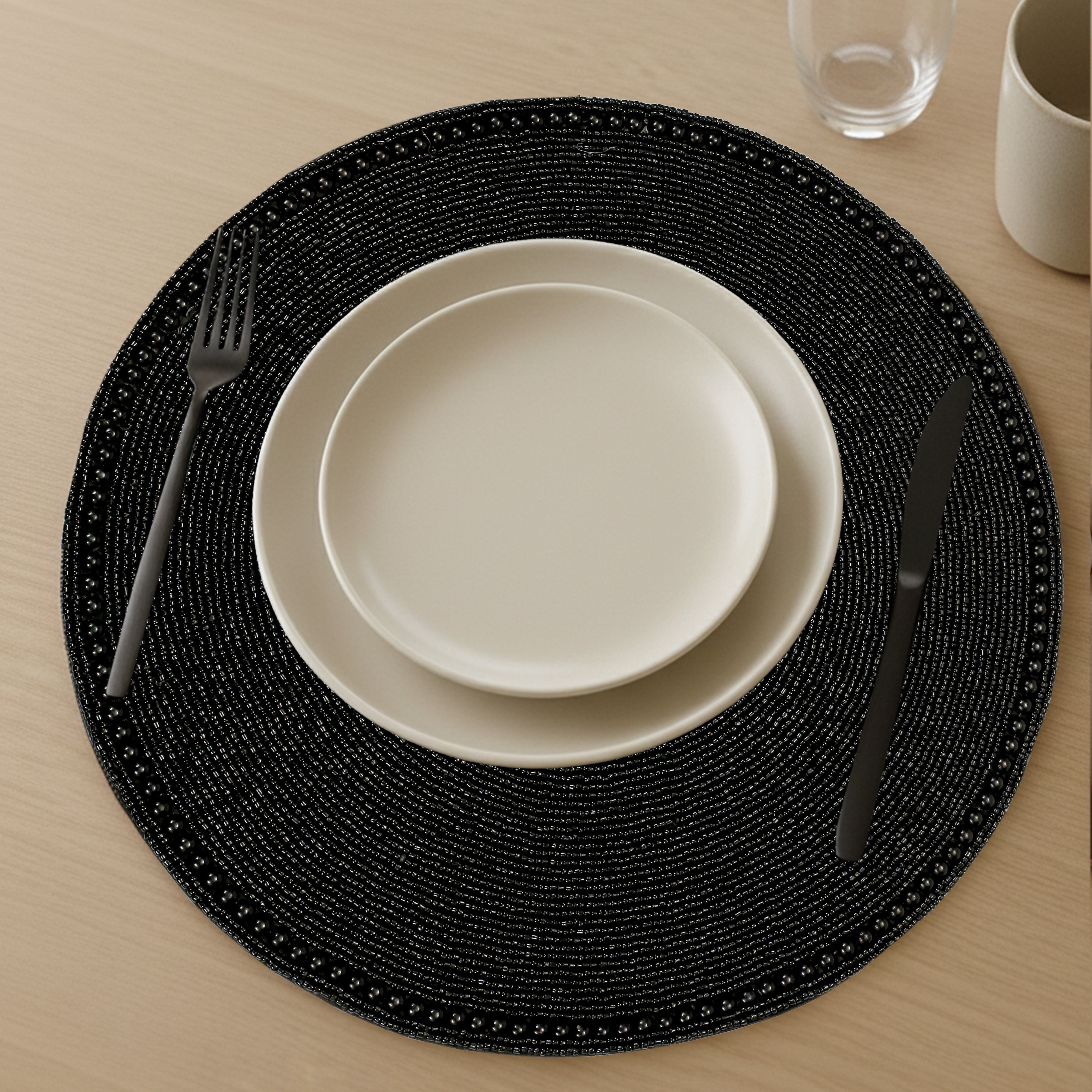 Pack of 1 Handcrafted Glass Beaded Placemats - Elegant Round Table Mats for Dining Décor (Jet Black)