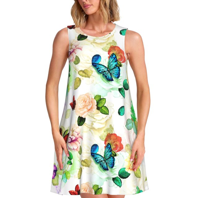 Fotbe Floral Vintage Vestido de Verano sin Mangas para Mujer – Vestido Midi Línea A, Estilo Camiseta Floral, Vestido Playero Casual y Fluido