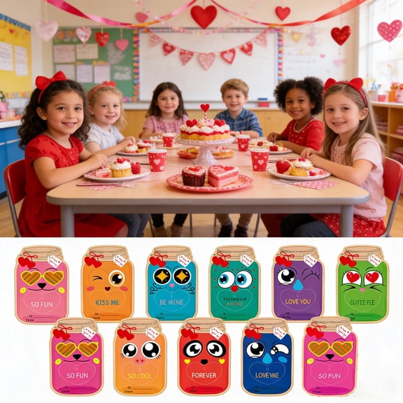 HKYSANG 50 Pack Valentine Day Cards for Kids, Fun Mason Jar Valentines Day Candy Card, Kid Bulk Valentines Day Exchange Cards for Classroom School Party Favors(Candy Not Included)
