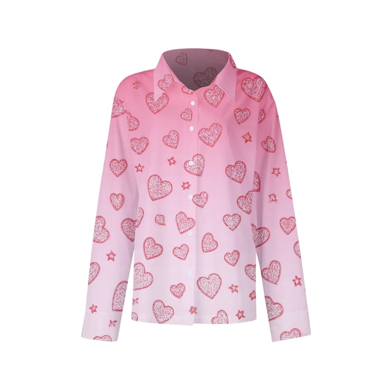 Sewkxo Shirt Woman Fashion Cute Love Heart Graphic Lapel Button