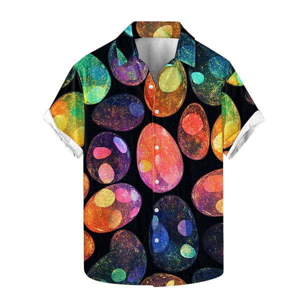 Blusas y camisas de manga corta con cuello en V Camisa estampada de Pascua para hombre Camisa abotonada Top de poliéster para hombre