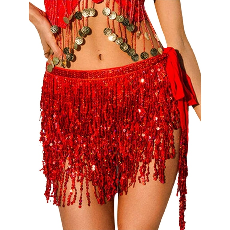 Belly Dance Hip Skirt Tassel Scarf Sequin Wrap Rave Costume for