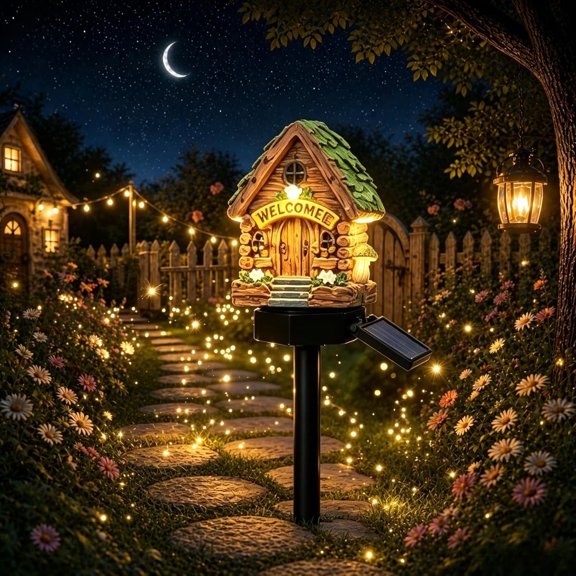 Kismyla Fairy Cottage Lights, Solar Fairy-Tale Mushroom Cottage Garden Light, House Solar Garden Stake Lights, Waterproof Outdoor Solar Pathway Lights for Lawn, Walkway, Patio, Yard