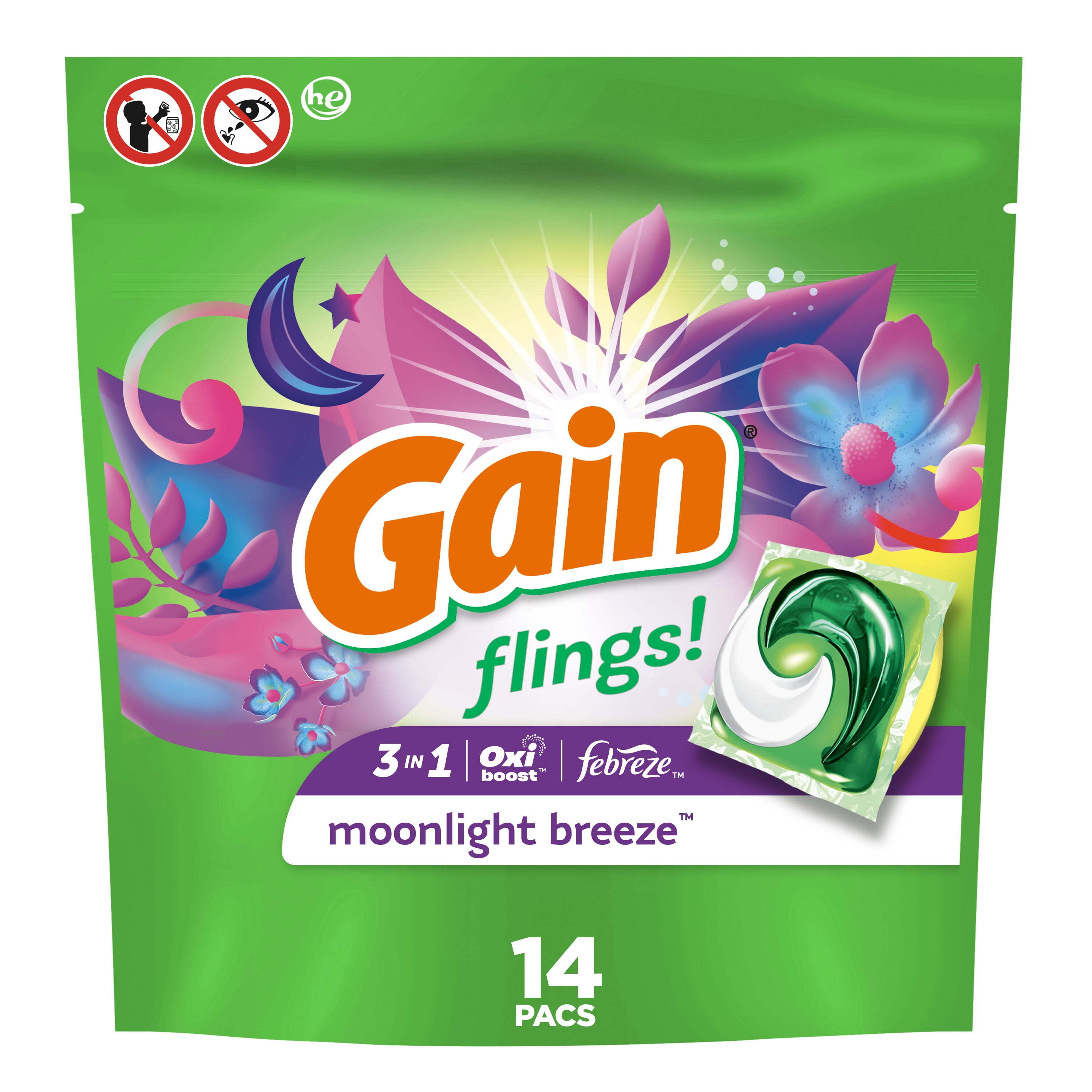 Gain Flings Laundry Detergent Soap Pacs, 14 Ct, Moonlight Breeze